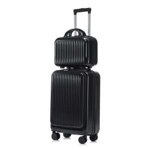 14inch 20inch 2 Pcs Set In ABS Spinner Wheel Luggage, With Combination Lock And Front Opening Design, 14inch Cosmetic Case Black