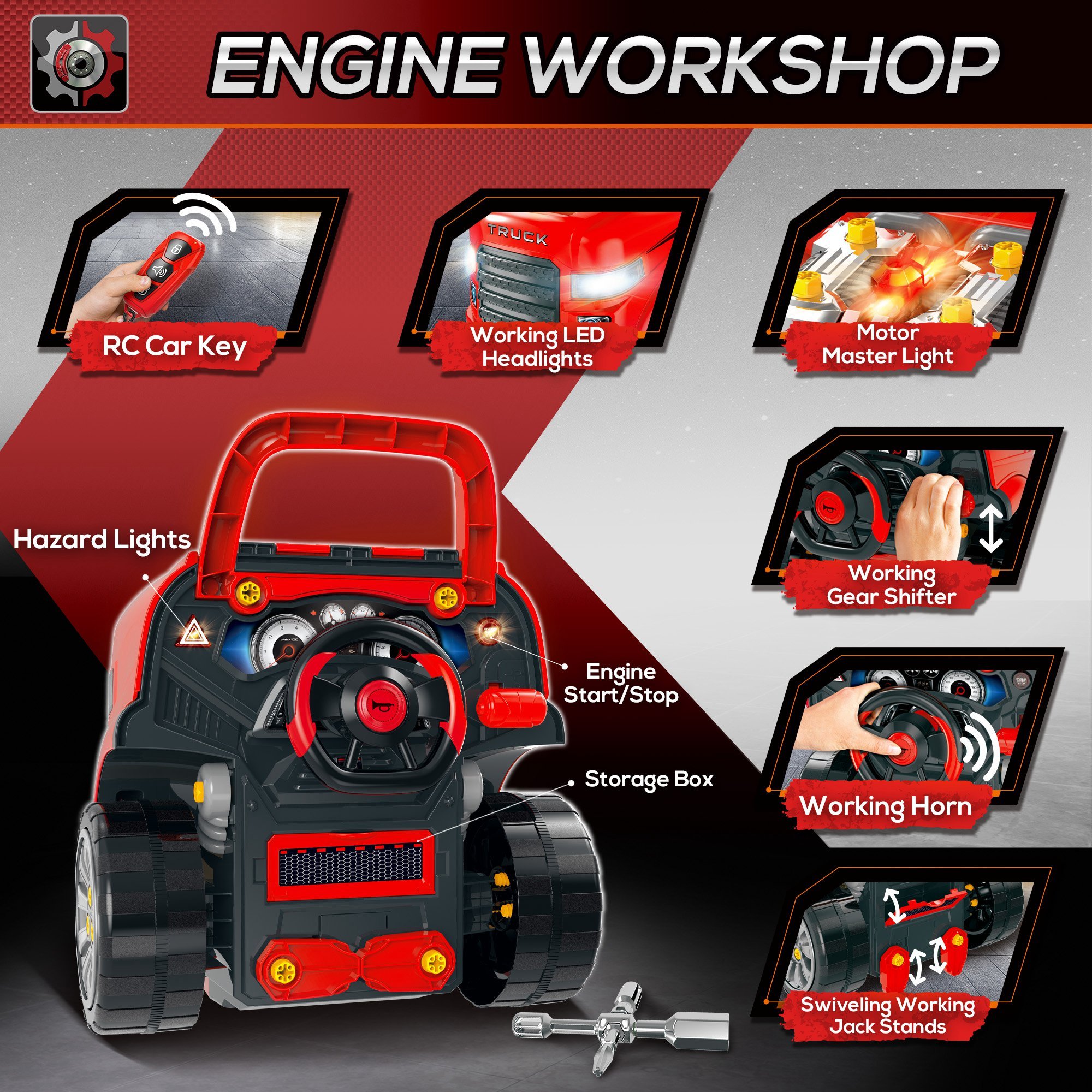 Mechanic Kids Truck Engine Toy Set, Car Service Play Set, Red - Image 2