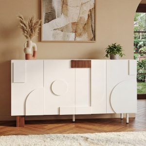 Modern White Sideboard Buffet Cabinet, 62.9   Wide Storage Unit With 4 Doors & Adjustable Shelves, Versatile Dining Room Living Room Organizer