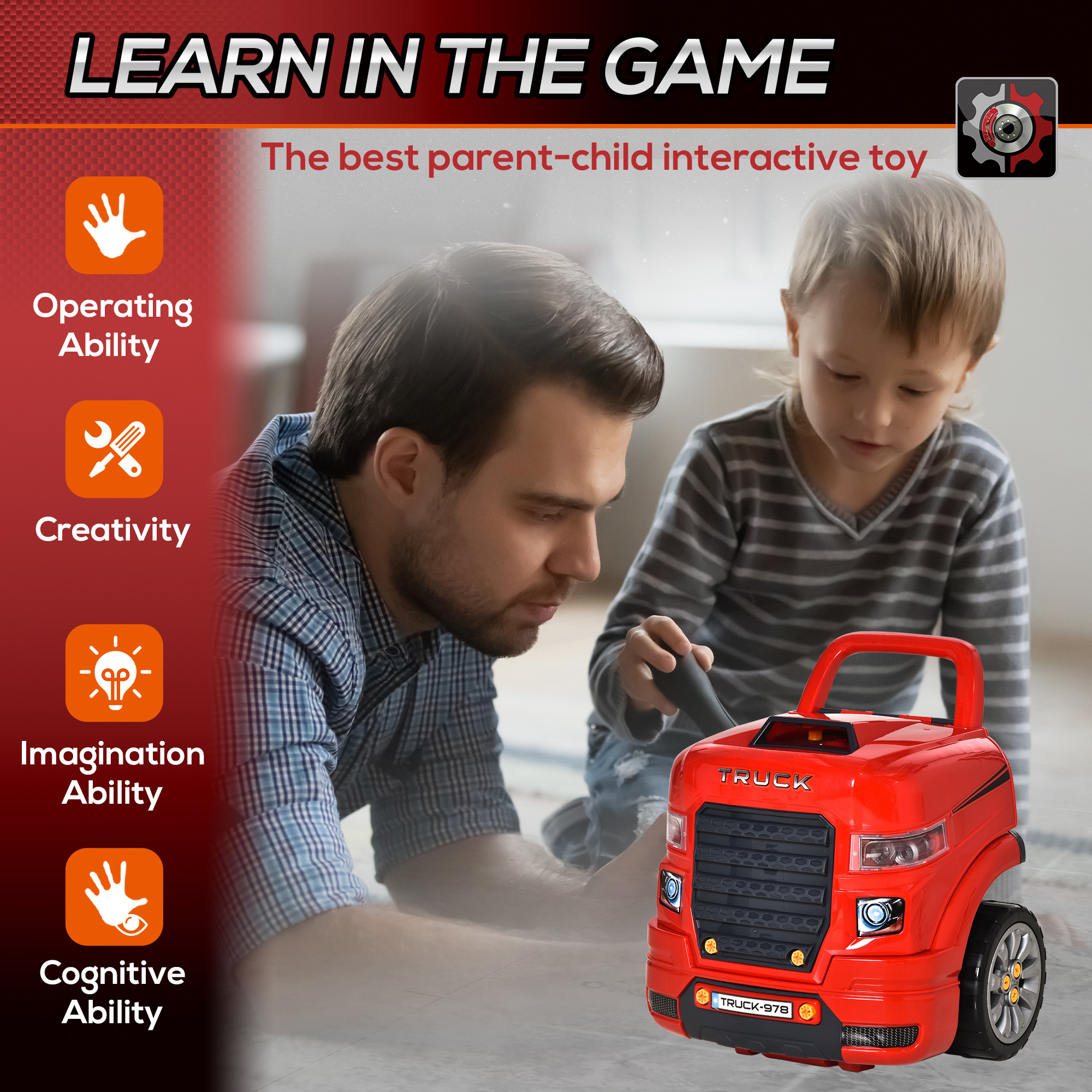 Mechanic Kids Truck Engine Toy Set, Car Service Play Set, Red - Image 7