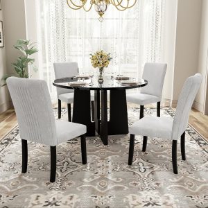 5-Piece Round Dining Table Set, 43-Inch Modern Dining Table And 4 Upholstered Chairs For Dining Room, Kitchen Room, Living Room, Easy Assembly