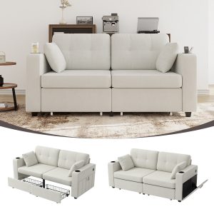 Sofas For Living Room, Couch Set,3 Seats Sofa, USB Charging,Wood Frame,Easy To Install,with Storage, Charging Station,Cup Holder,Modern Sectional Sofas For Living Room, Apartment,Chenille Fabric