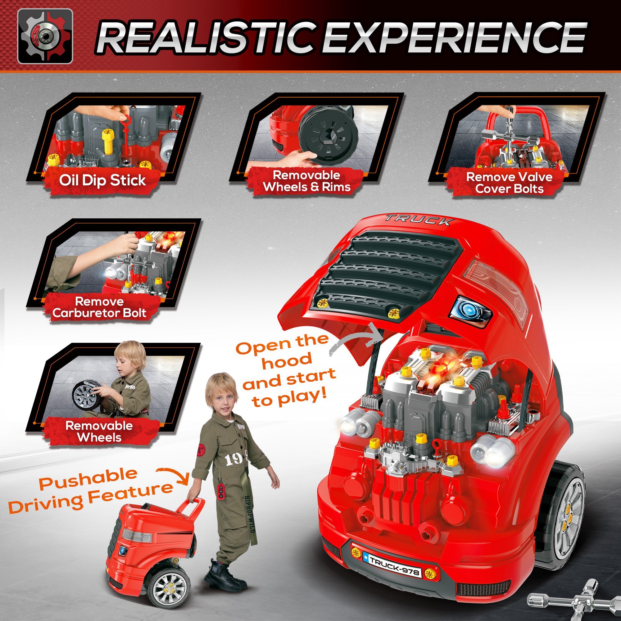 Mechanic Kids Truck Engine Toy Set, Car Service Play Set, Red - Image 6