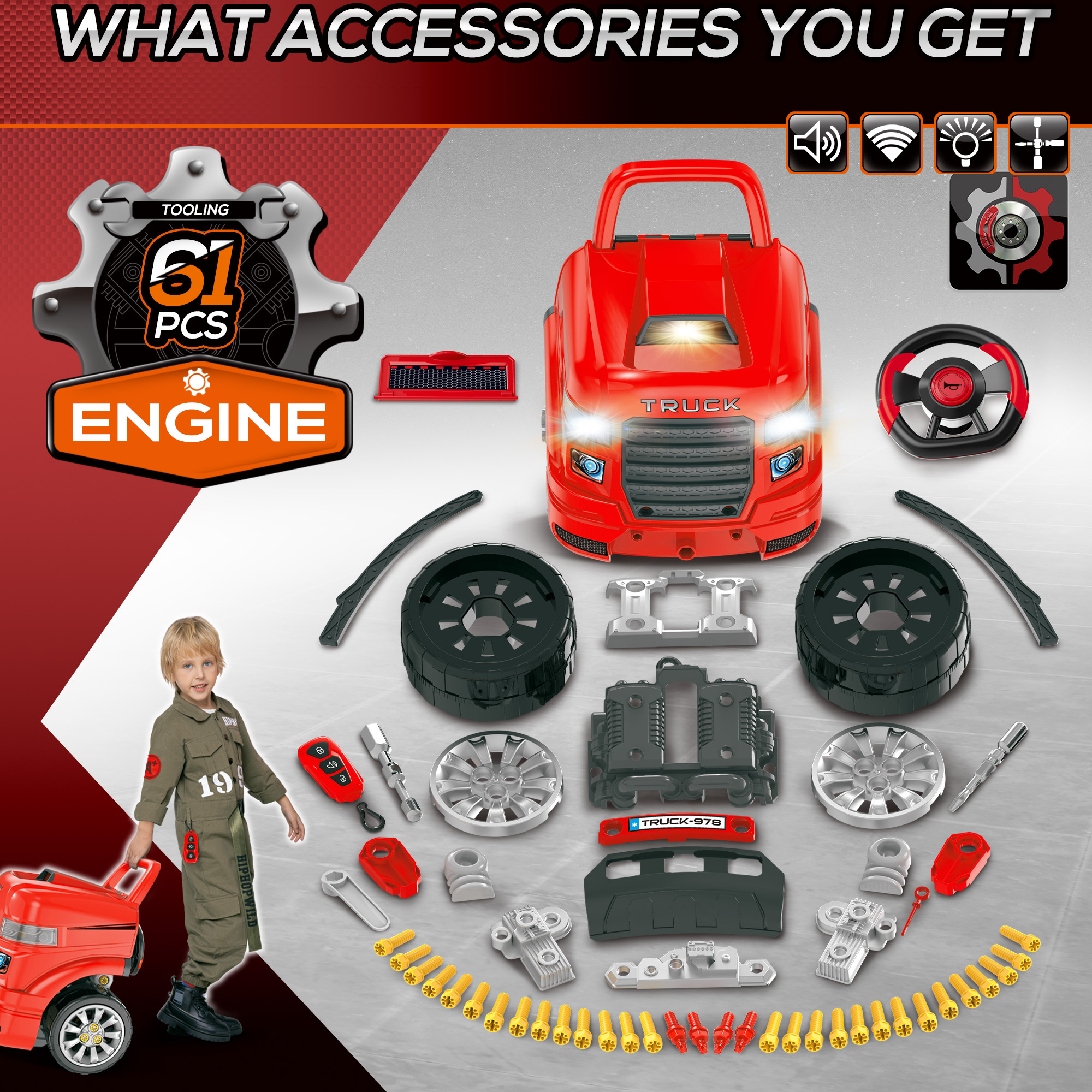 Mechanic Kids Truck Engine Toy Set, Car Service Play Set, Red - Image 8