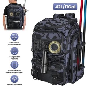 42L&11Gal Fishing Backpack Large Capacity Fishing Tackle Storage Bag With Rod Holders 16-Pocket Water-Resistant With Divider Adjustable Padded Straps For Fishing Gear Outdoor Camping Hiking
