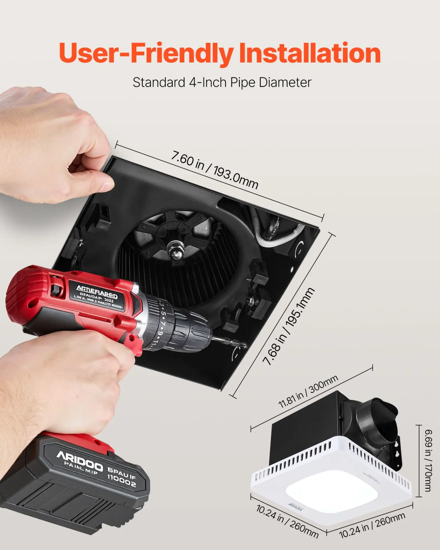 VEVOR Bathroom Exhaust Fan with LED Light, 110 CFM Bathroom Vent Three Gear Color Temp, 1.5 Sones Low-Noise, Premium AC Motor Ceiling Fan for Laundry Room, Storage Room, Home Ventilation, White - Image 3