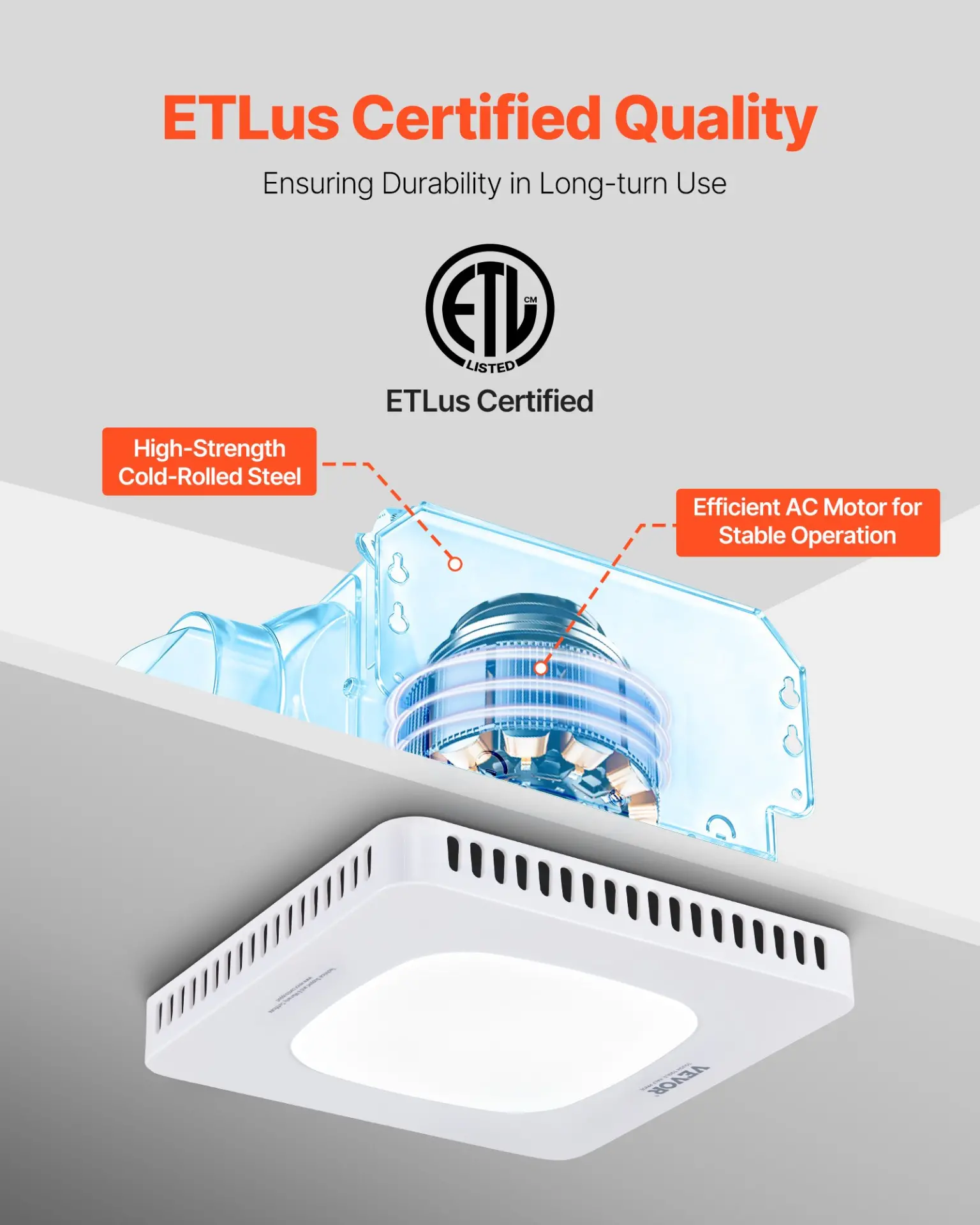 VEVOR Bathroom Exhaust Fan with LED Light, 110 CFM Bathroom Vent Three Gear Color Temp, 1.5 Sones Low-Noise, Premium AC Motor Ceiling Fan for Laundry Room, Storage Room, Home Ventilation, White - Image 5