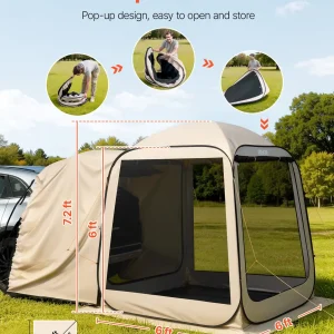 VEVOR Screen House Tent, 6 x 6 ft, 4-6 Person Pop Up SUV Tailgate Tent, Portable Screened in Canopy with Carry Bag, Netting Sides, for Car Camping, Garden, Patio, Backyard, Outdoor Activities, Beige