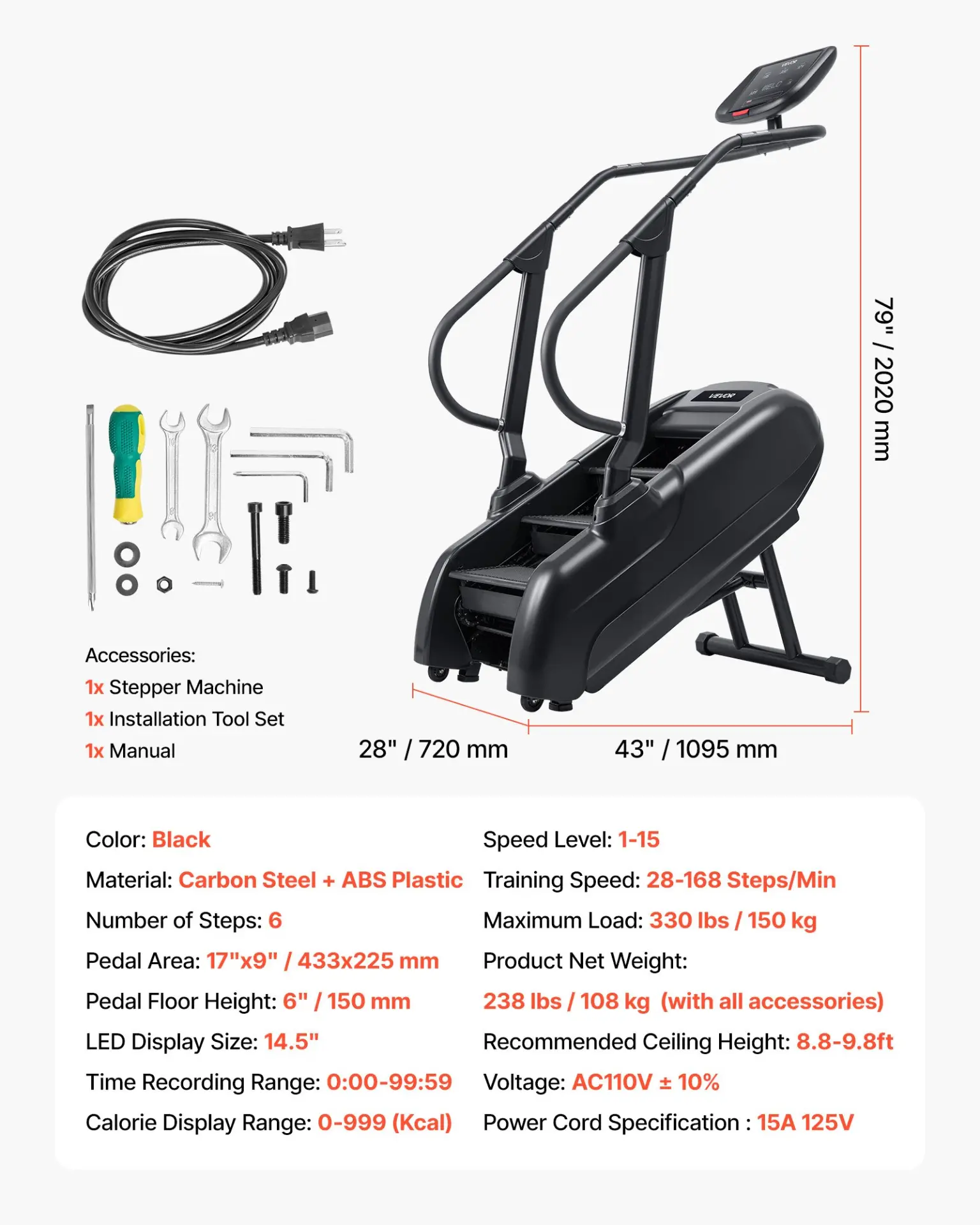 VEVOR Stair Stepper Machine, LED Screen Continuous Climbing Machines, Max Load 330 Lbs Stepping Climber for Home, 15 Speed Levels 28-168 Steps/Minute Stepmill Exercise for Cardio Lower Body - Image 6